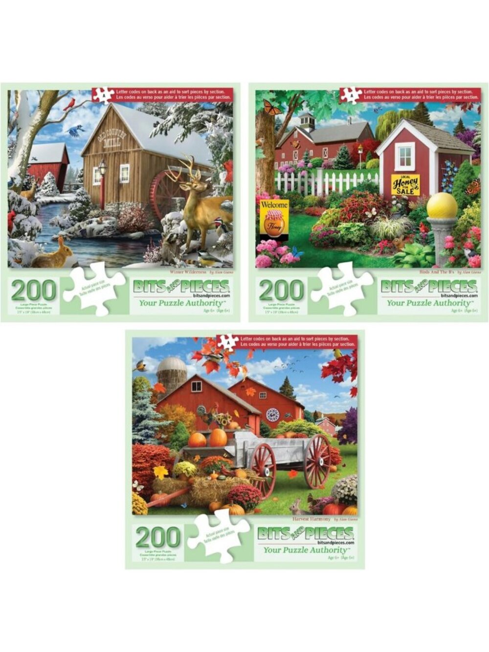Cottage Core Jigsaw Puzzle Set of 3 - 200 Pieces Each, Fun Family Activity